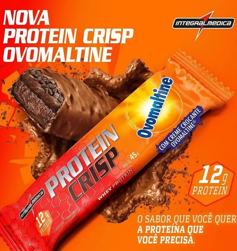 Barra de proteína Protein Crisp sabor Ovomaltine da Integralmedica, vendida na QuickFit em São Pedro/SP