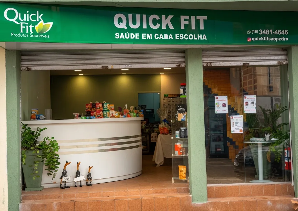 Fachada da QuickFit na Rua Veríssimo Prado, no Centro de São Pedro/SP, com o balcão e as prateleiras visíveis da rua