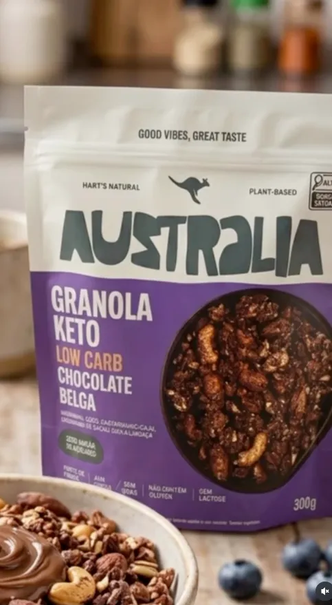 Pacote de Granola Keto Chocolate Belga da Australia, low carb e sem glúten, vendida na QuickFit em São Pedro/SP